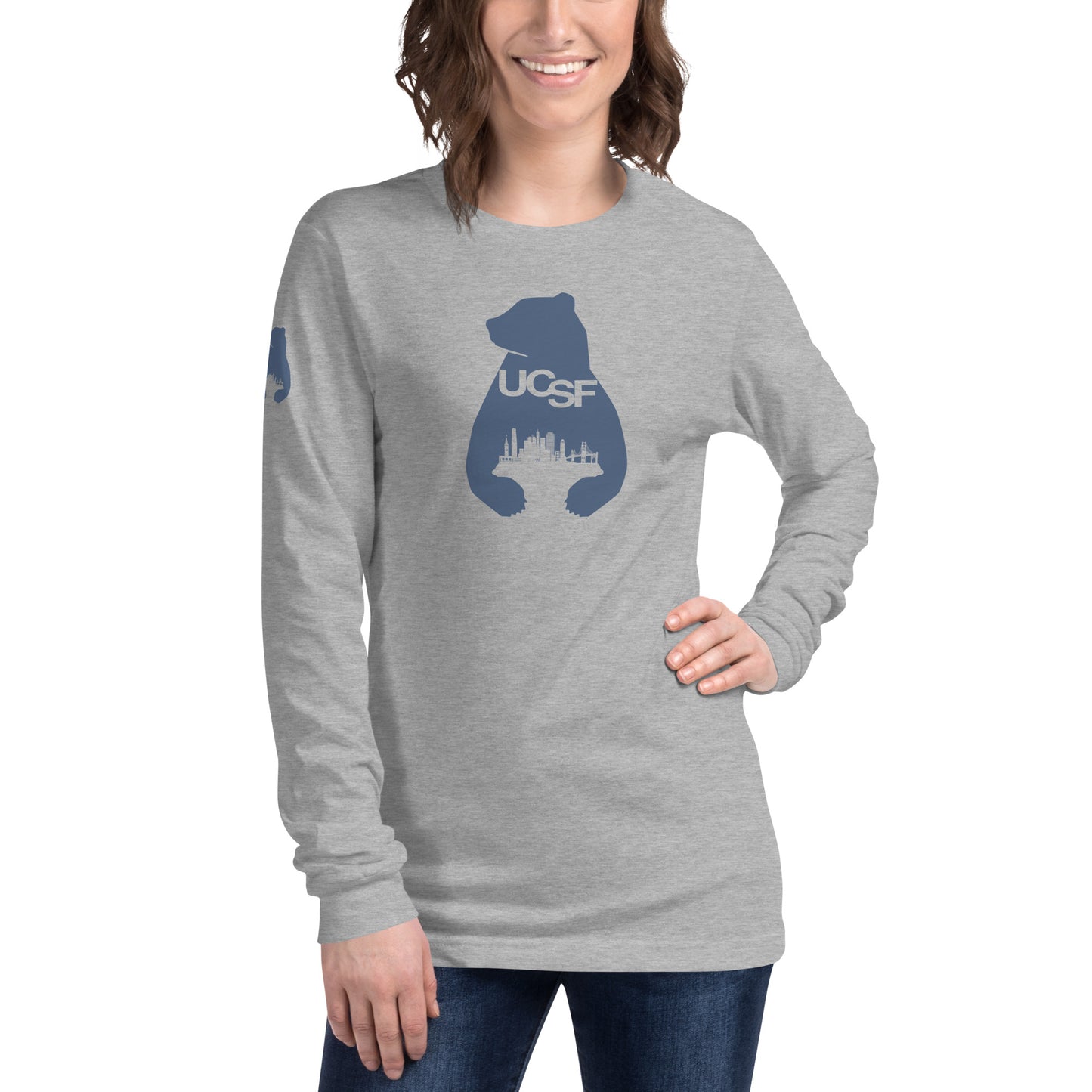 Unisex Long Sleeve Tee City Silhouette Blue Gray Logo