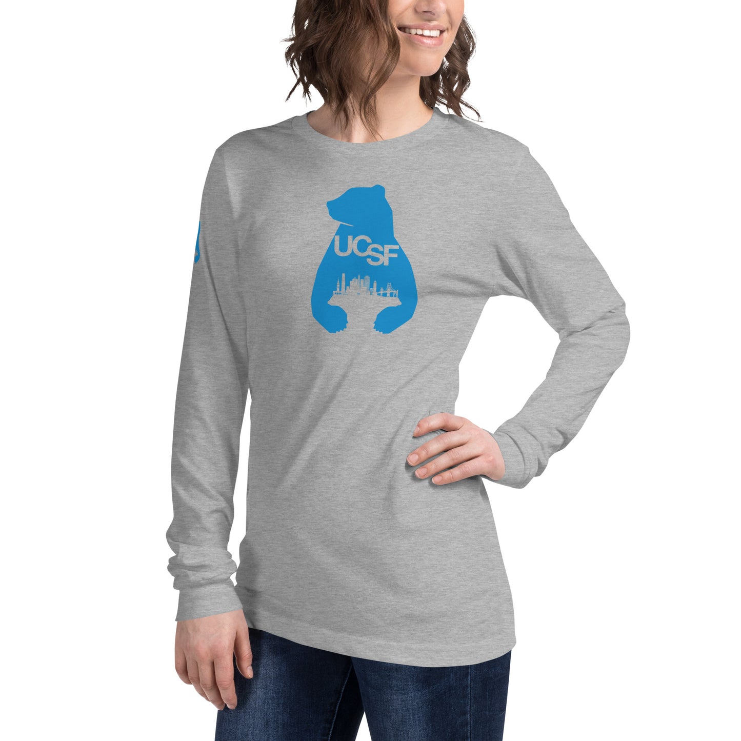 Unisex Long Sleeve Tee City Silhouette Process Blue Logo