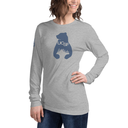 Unisex Long Sleeve Tee City Silhouette Blue Gray Logo