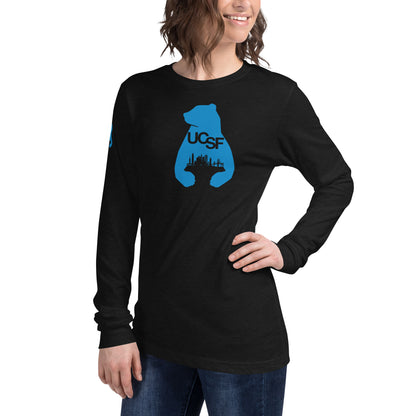 Unisex Long Sleeve Tee City Silhouette Process Blue Logo