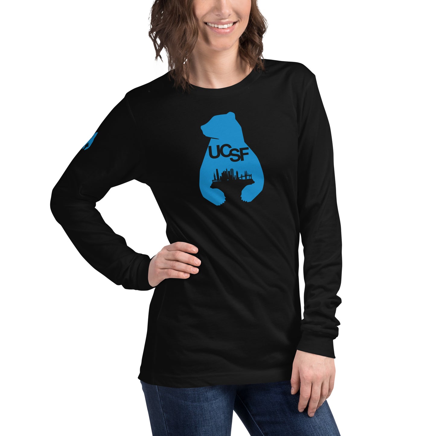 Unisex Long Sleeve Tee City Silhouette Process Blue Logo