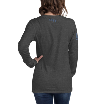 Unisex Long Sleeve Tee City Silhouette Blue Gray Logo