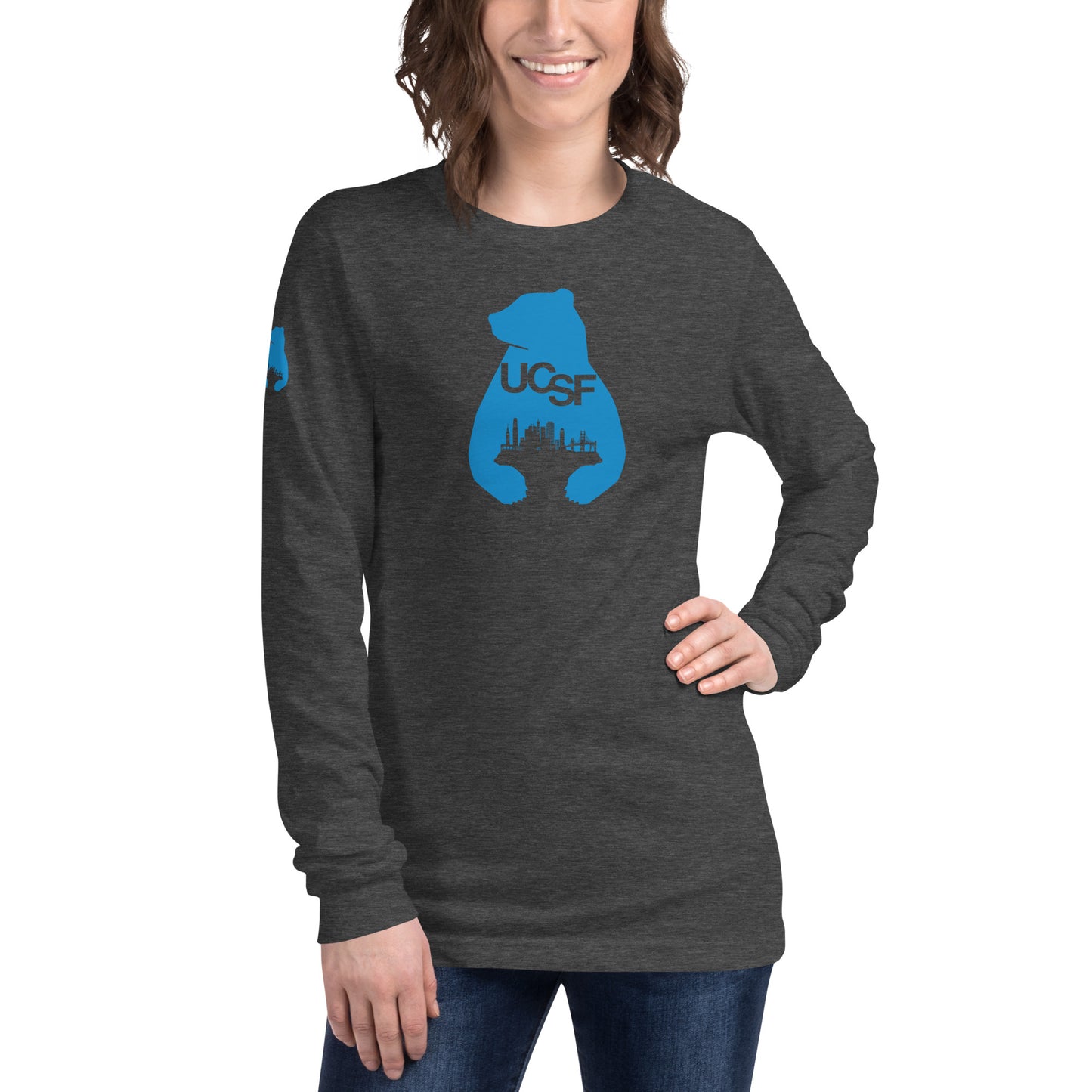 Unisex Long Sleeve Tee City Silhouette Process Blue Logo