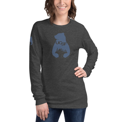 Unisex Long Sleeve Tee City Silhouette Blue Gray Logo