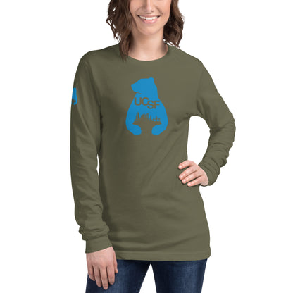 Unisex Long Sleeve Tee City Silhouette Process Blue Logo