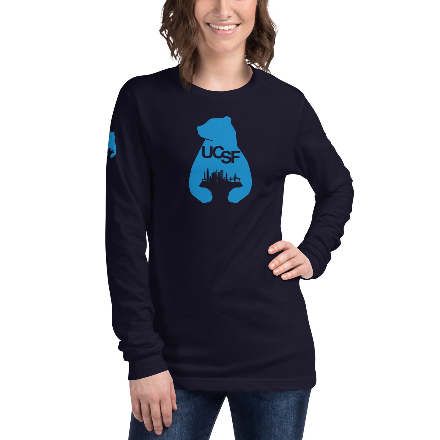 Unisex Long Sleeve Tee City Silhouette Process Blue Logo