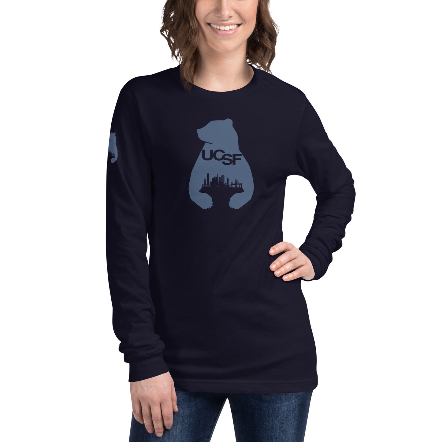 Unisex Long Sleeve Tee City Silhouette Blue Gray Logo