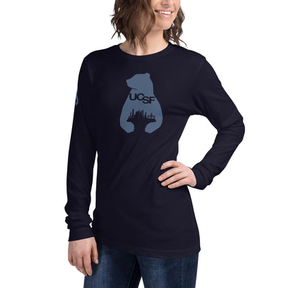 Unisex Long Sleeve Tee City Silhouette Blue Gray Logo