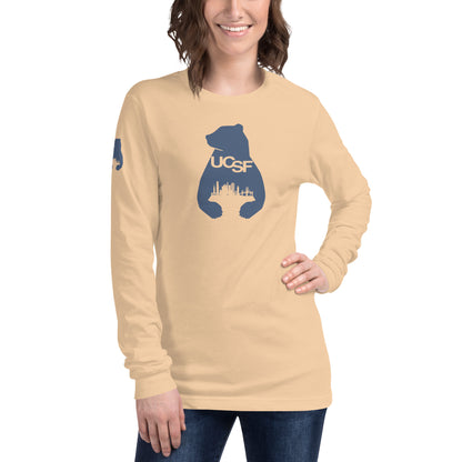 Unisex Long Sleeve Tee City Silhouette Blue Gray Logo