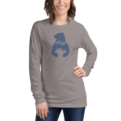 Unisex Long Sleeve Tee City Silhouette Blue Gray Logo