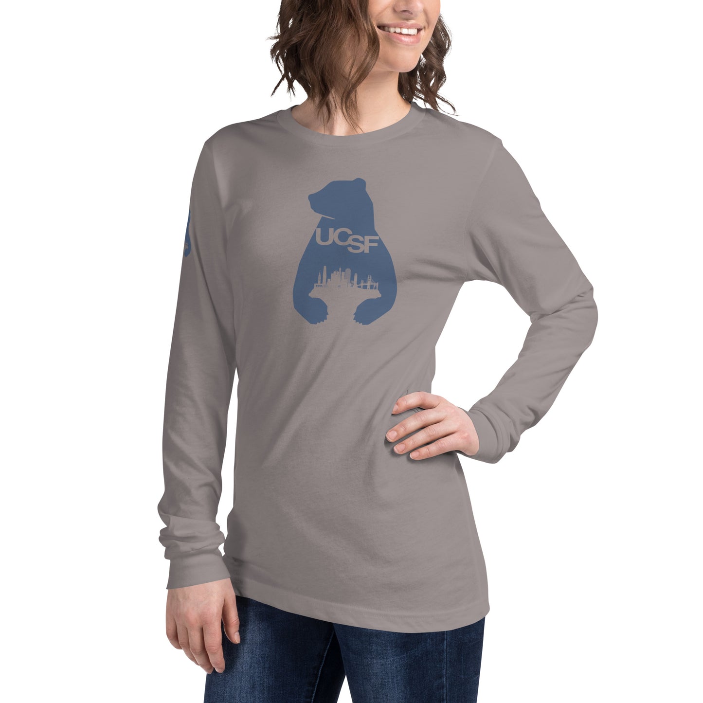 Unisex Long Sleeve Tee City Silhouette Blue Gray Logo