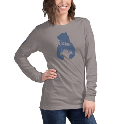 Unisex Long Sleeve Tee City Silhouette Blue Gray Logo