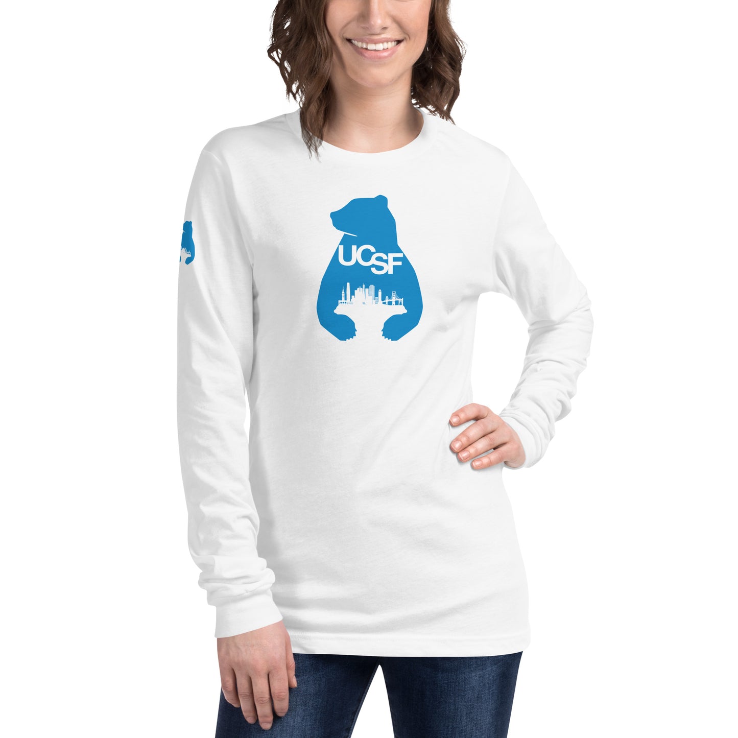 Unisex Long Sleeve Tee City Silhouette Process Blue Logo