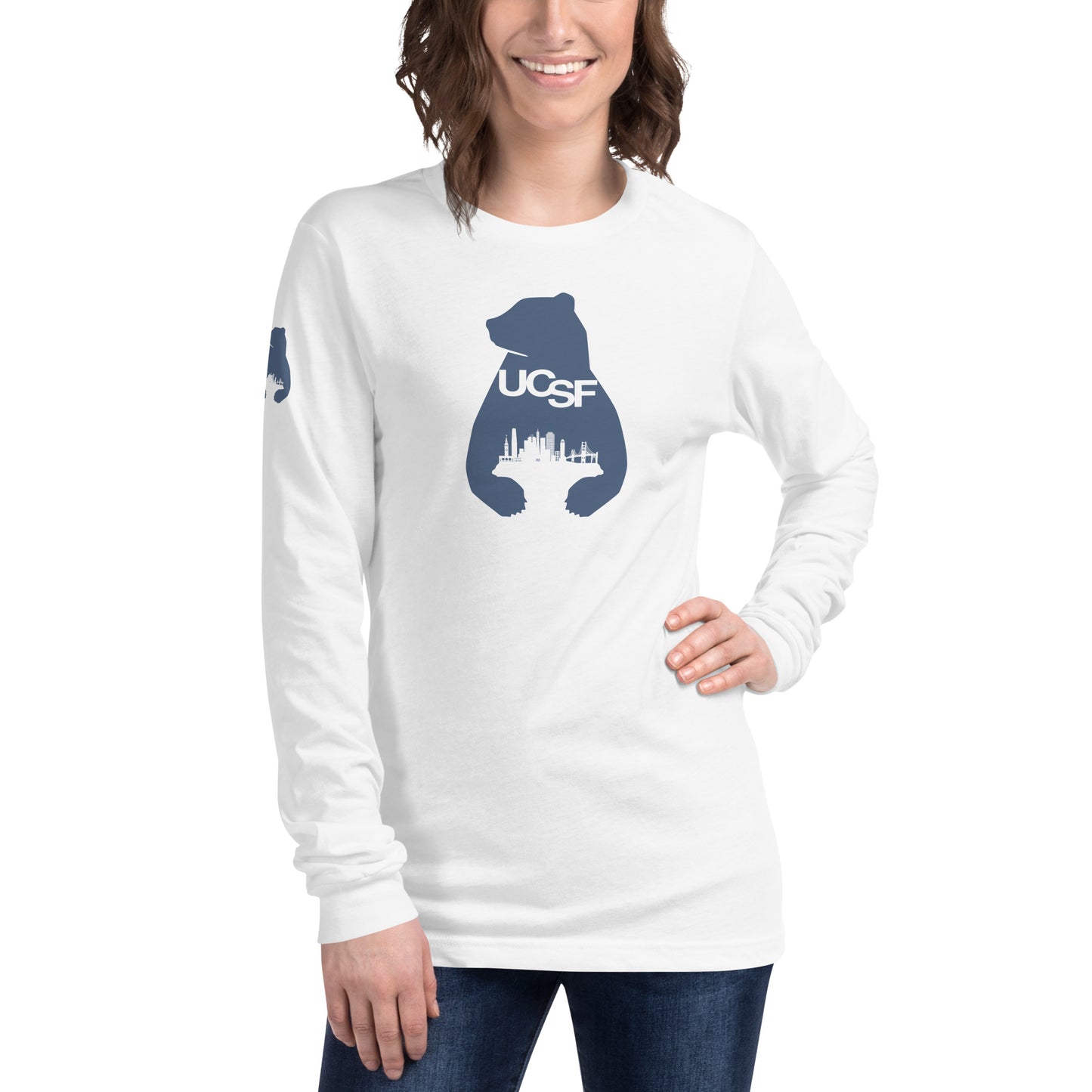 Unisex Long Sleeve Tee City Silhouette Blue Gray Logo