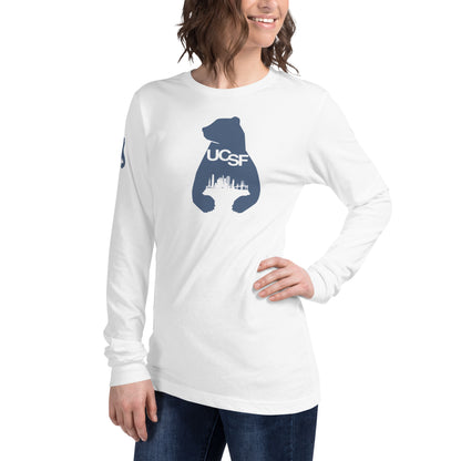 Unisex Long Sleeve Tee City Silhouette Blue Gray Logo